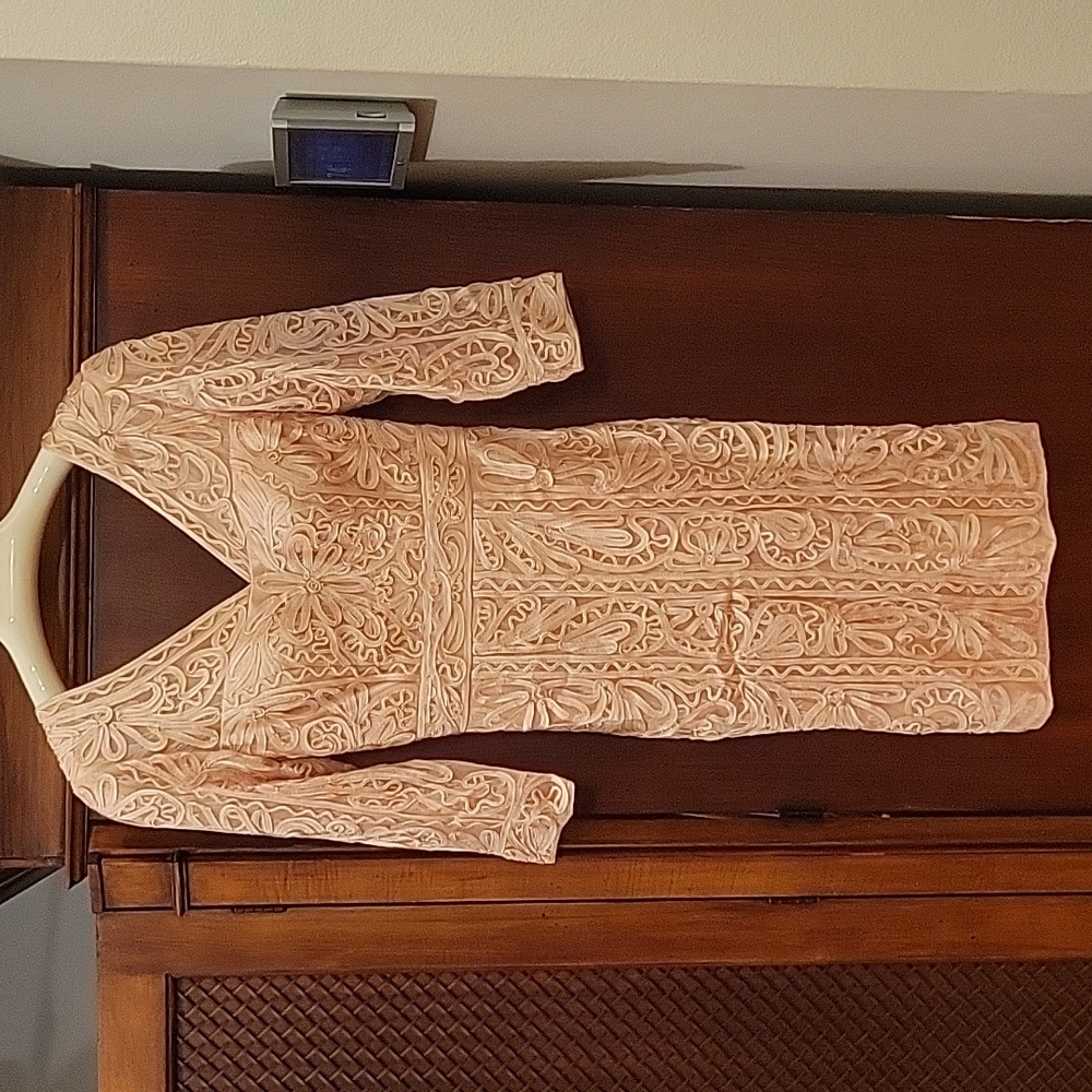 Sue Wong | Ribbon Embroidered 3/4 Sleeve Cocktail Dress in Champagne size 0 NWT